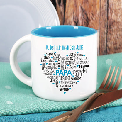 Geschenk für Papas - großer Kaffeepott mit Herz und Wunschtext zum Geburtstag oder Vatertag