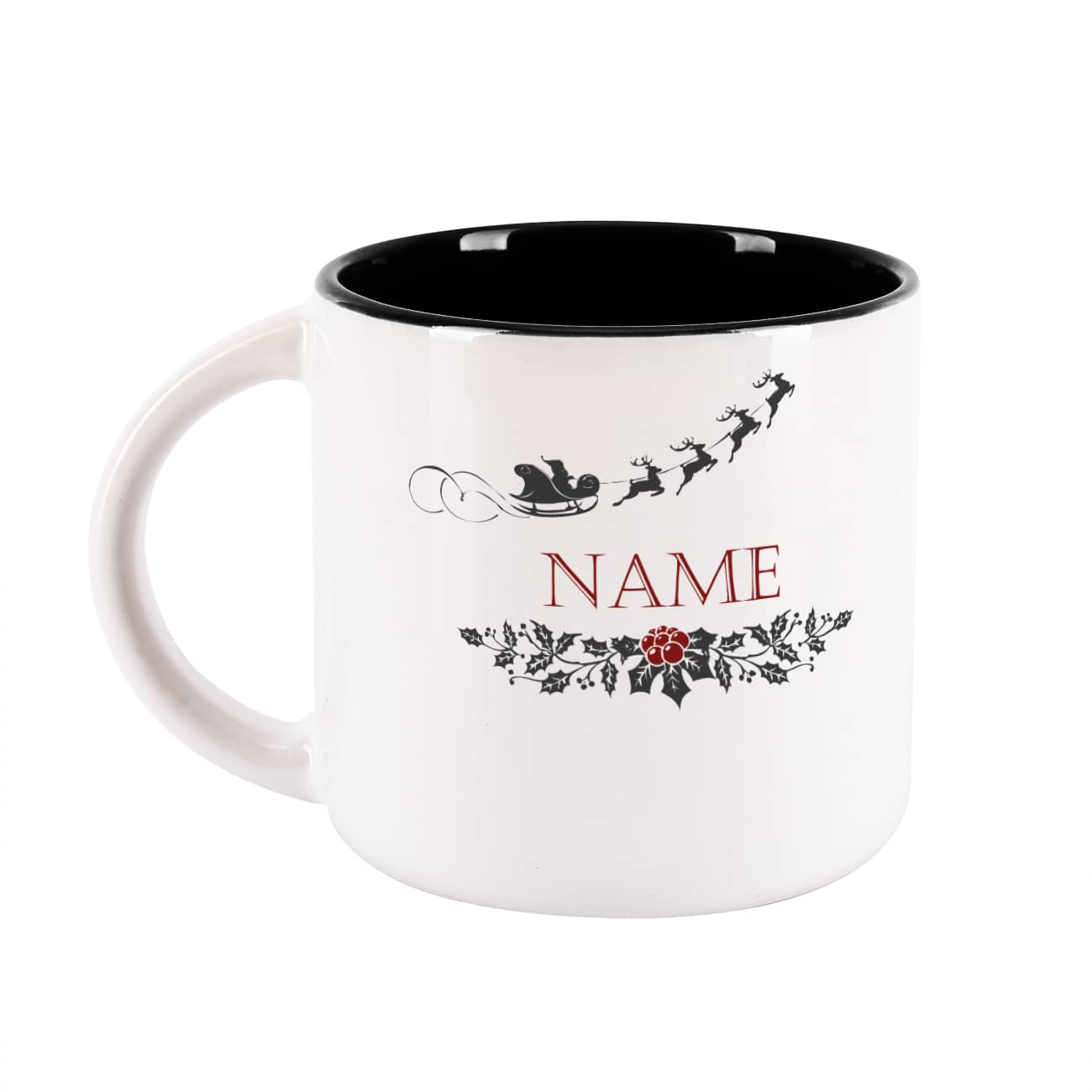 Große Tasse. innen schwarz, mit weihnachtlichem Motiv und Name bedruckt