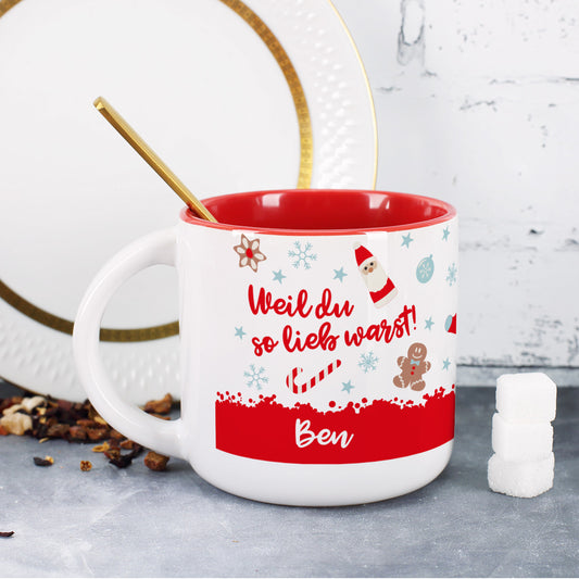 großer roter Kaffeepott "Weil du so lieb warst" und Namen