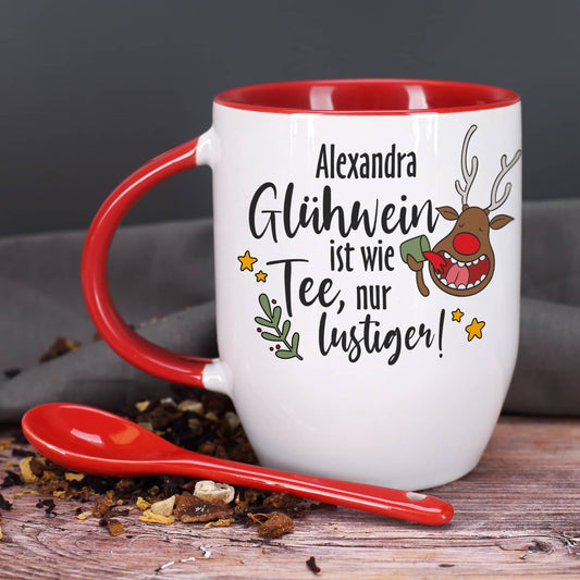 Tasse mit integriertem Löffel bedruckt mit Name & witzigem Weihnachtsmotiv
