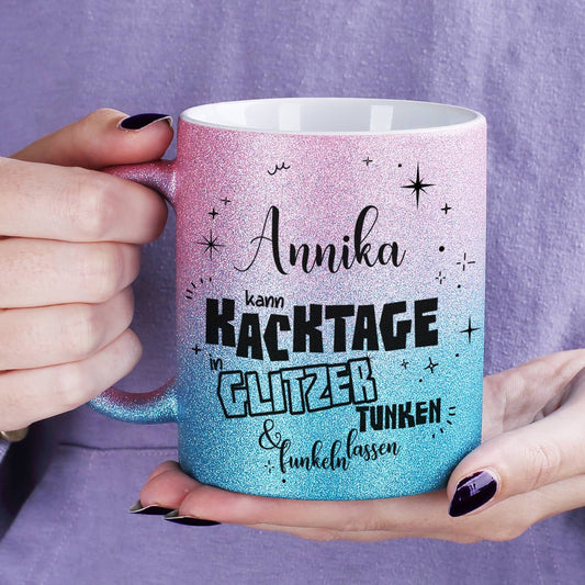 Glitzertasse Pink-Blau - Kacktage funkeln lassen - mit Name 