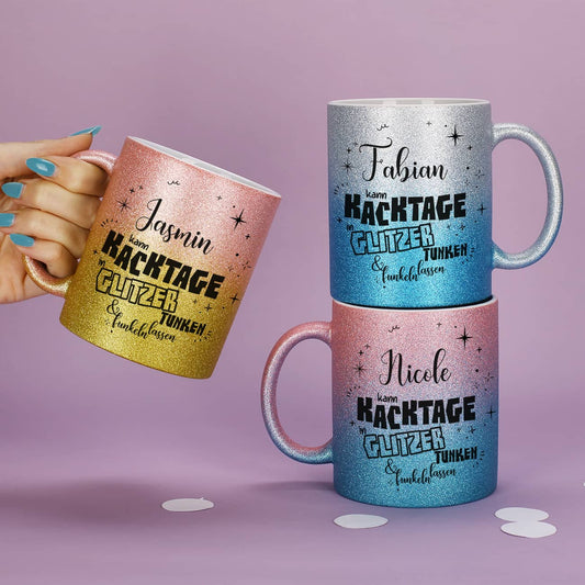 Glitzertasse in 3 Farben - Kacktage funkeln lassen - mit Name persönlich bedruckt