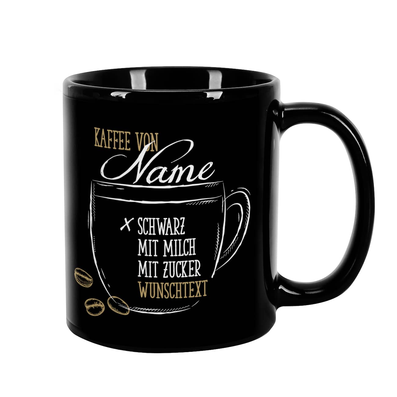 Schwarze Tasse mit verschieden Auswahlmöglichkeiten für Ihren Wunschkaffee, Name und Text