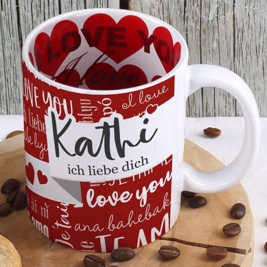 Valentinstags-Tasse "Ich liebe dich" in verschiedenen Sprachen und mit Ihren Wunschnamen bedruckt