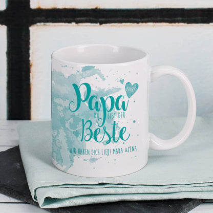 Tasse "Papa Du bist der Beste" mit Wunschtext in türkis