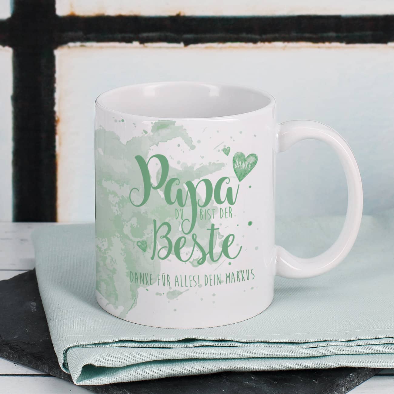 Tasse "Papa Du bist der Beste" mit Wunschtext in grün