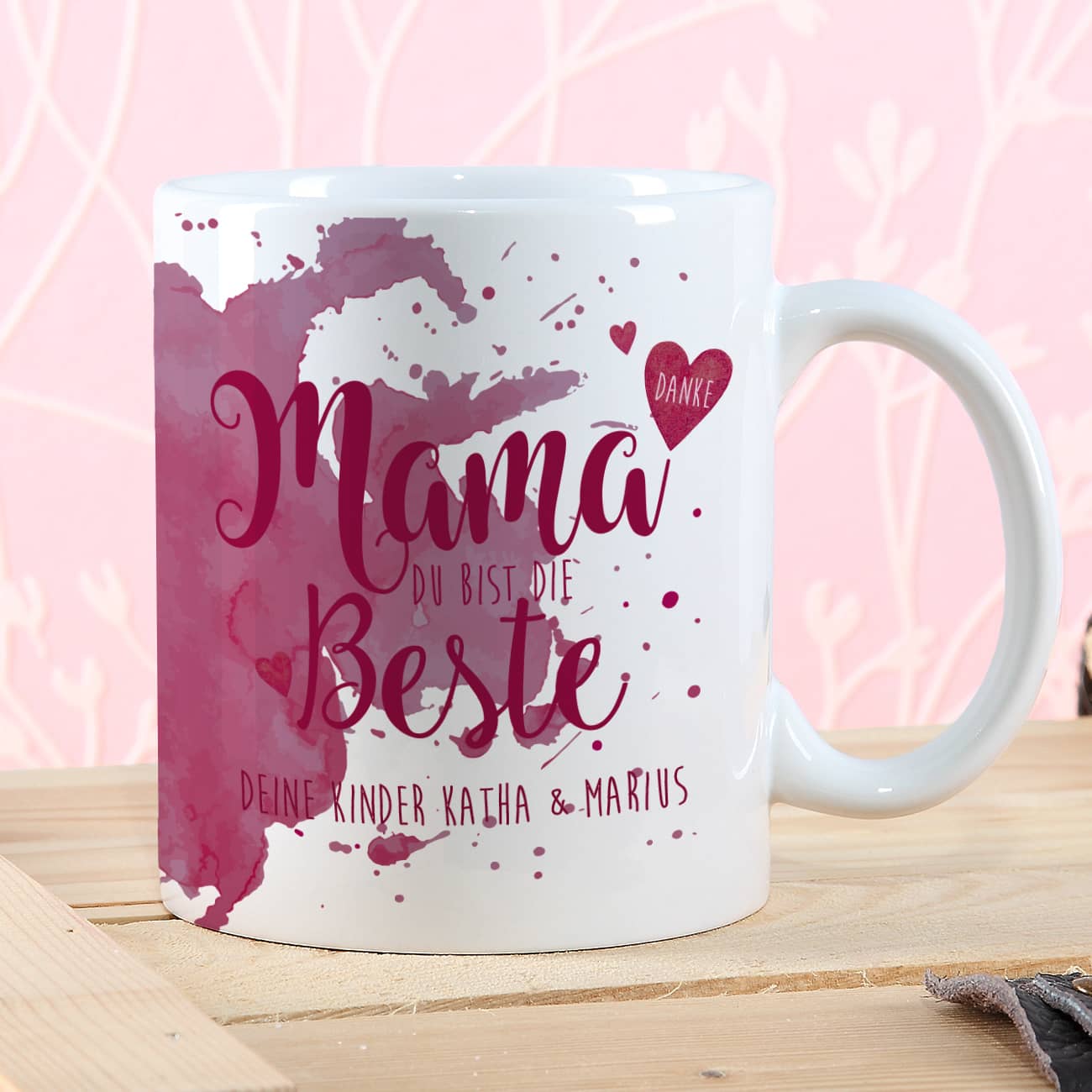 Tasse "Mama Du bist die Beste" in weinrot mit Wunschtext