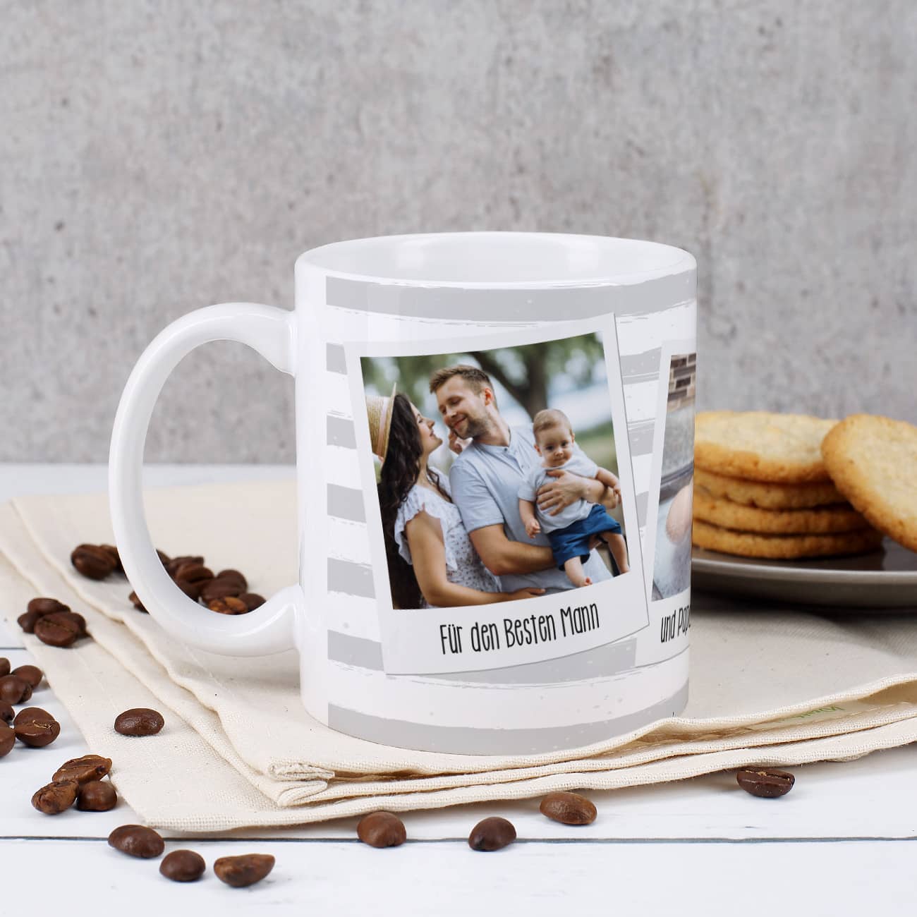 Tasse mit drei Lieblingsbildern und Wunschtexten