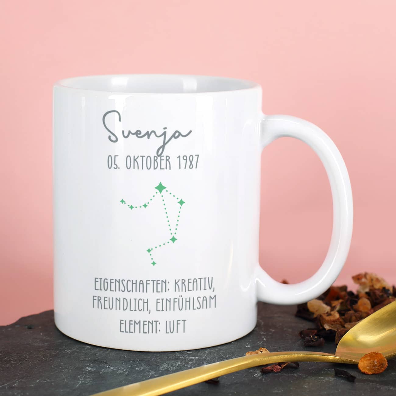 Mit Name, Datum, Sternkonstellation und Eigenschaften bedruckt
