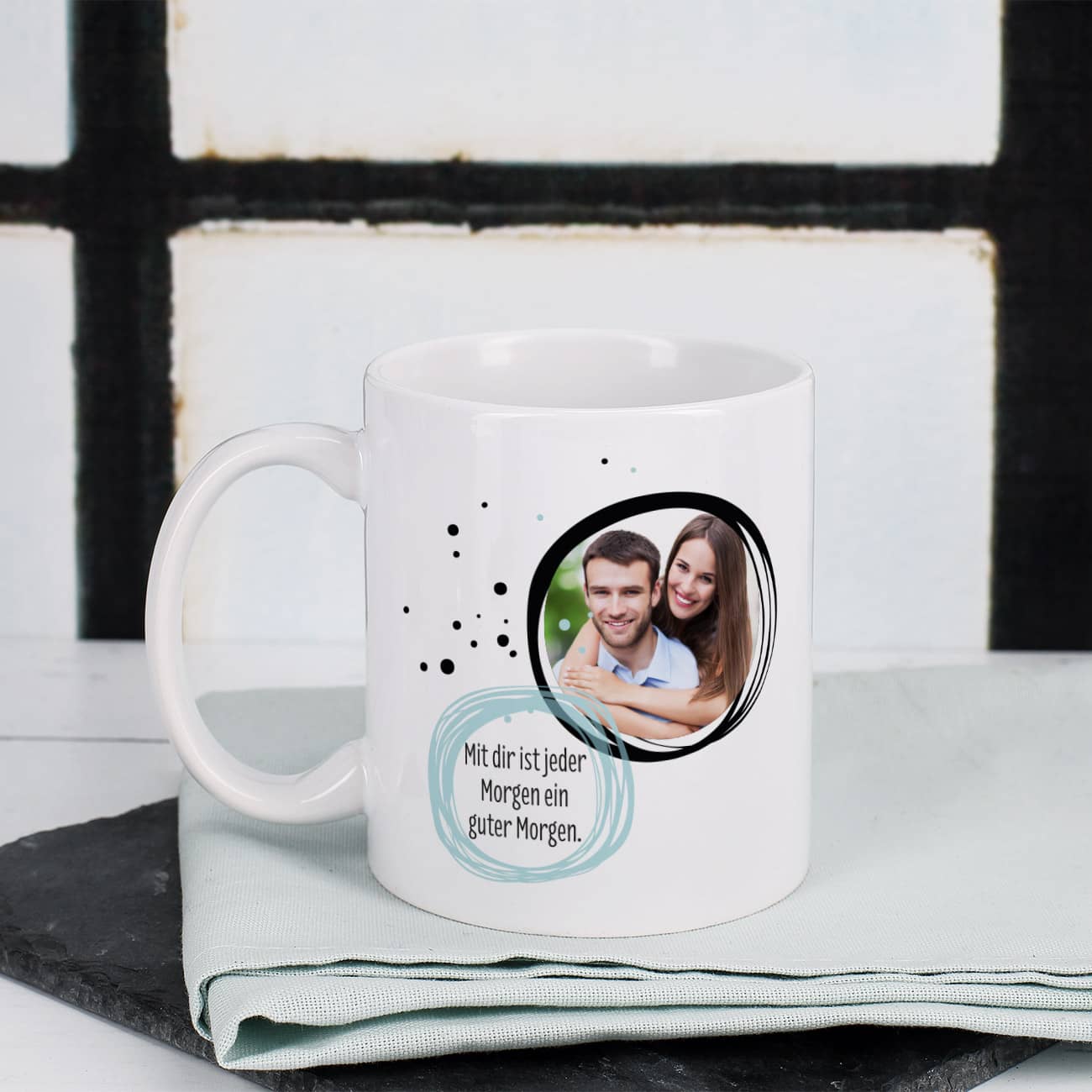 Beidseitig bedruckte Fototasse mit Wuschtext 