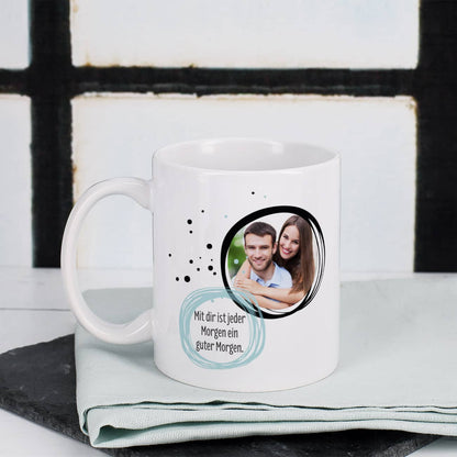 Beidseitig bedruckte Fototasse mit Wuschtext 