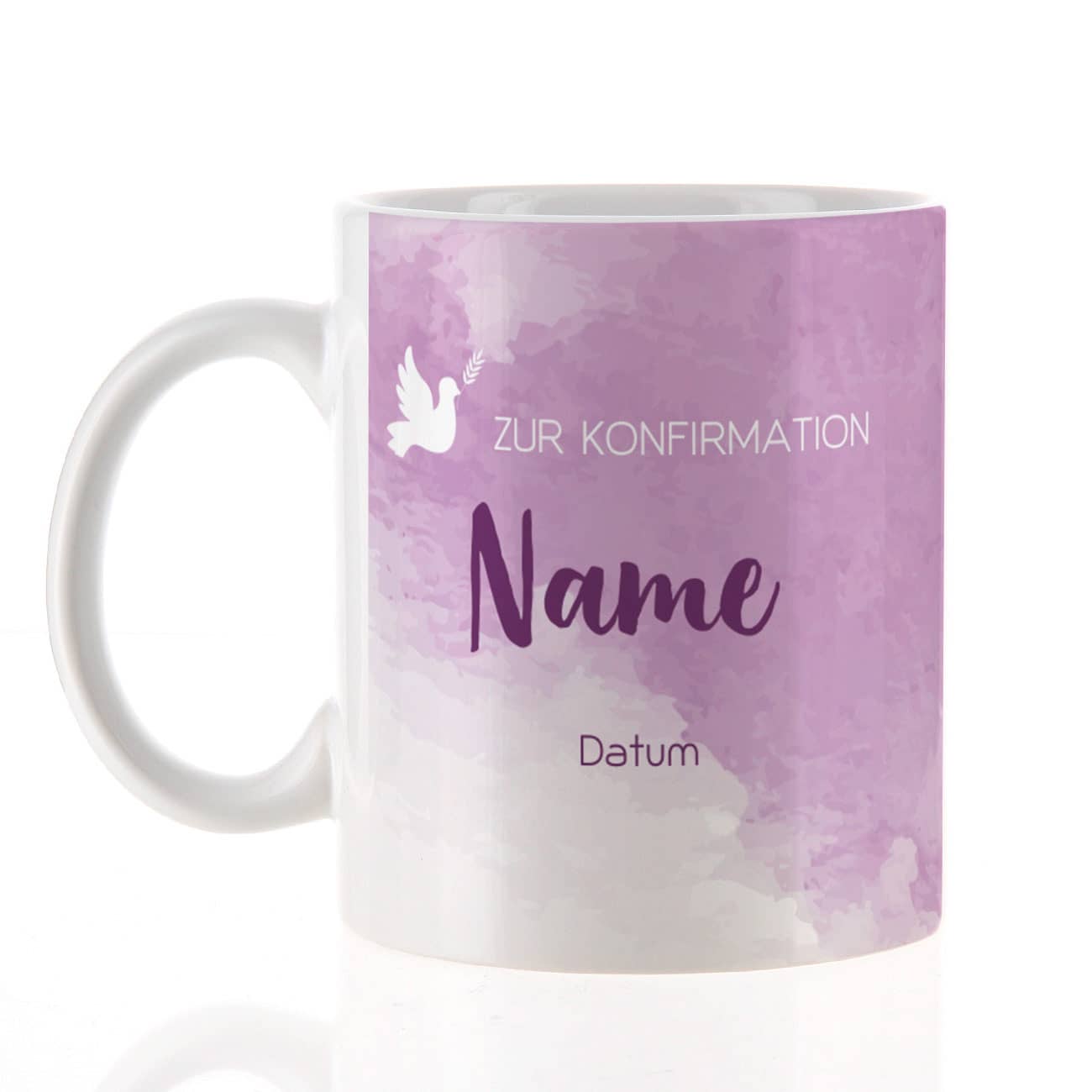 Tasse zur Konfirmation - mit Name und Datum in violett