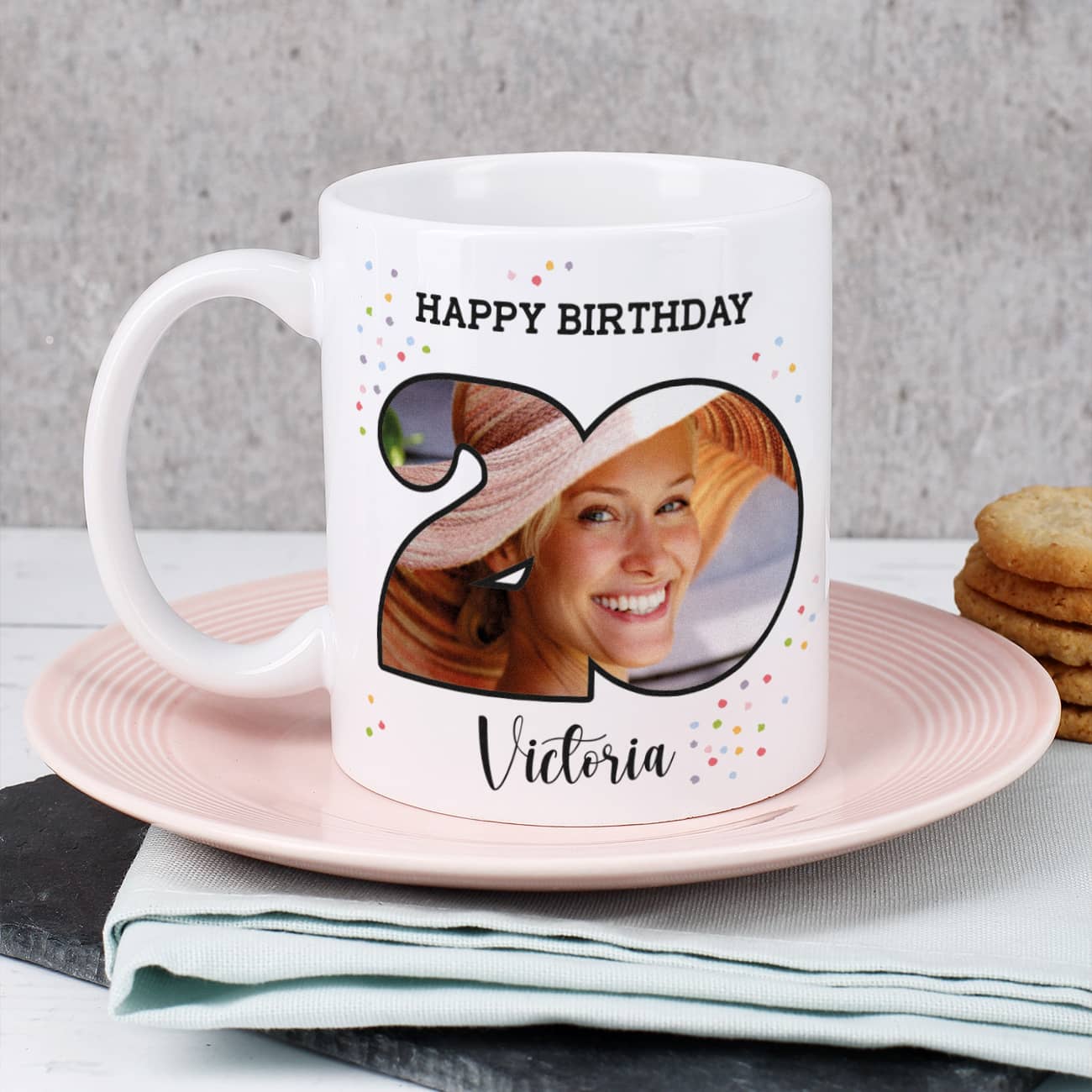 Fototasse Happy Birthday zum 20. Geburtstag mit Name