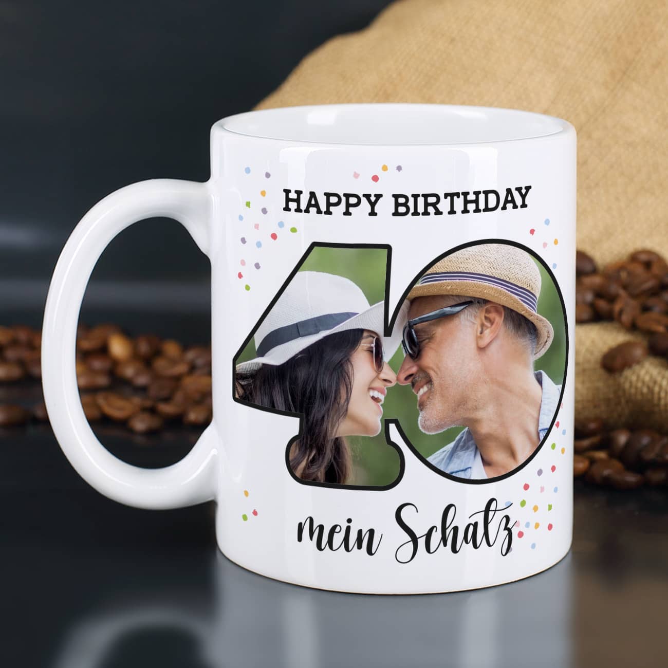 zum 40. Geburtstag Fototasse mit Name und Happy Birthday