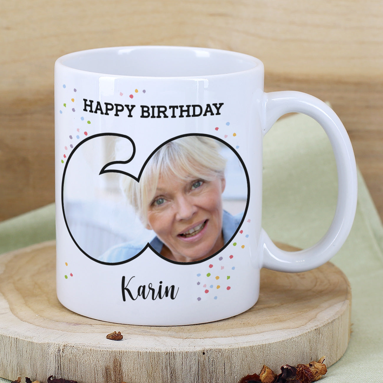 zum 60. Geburtstag Fototasse mit Name und Happy Birthday