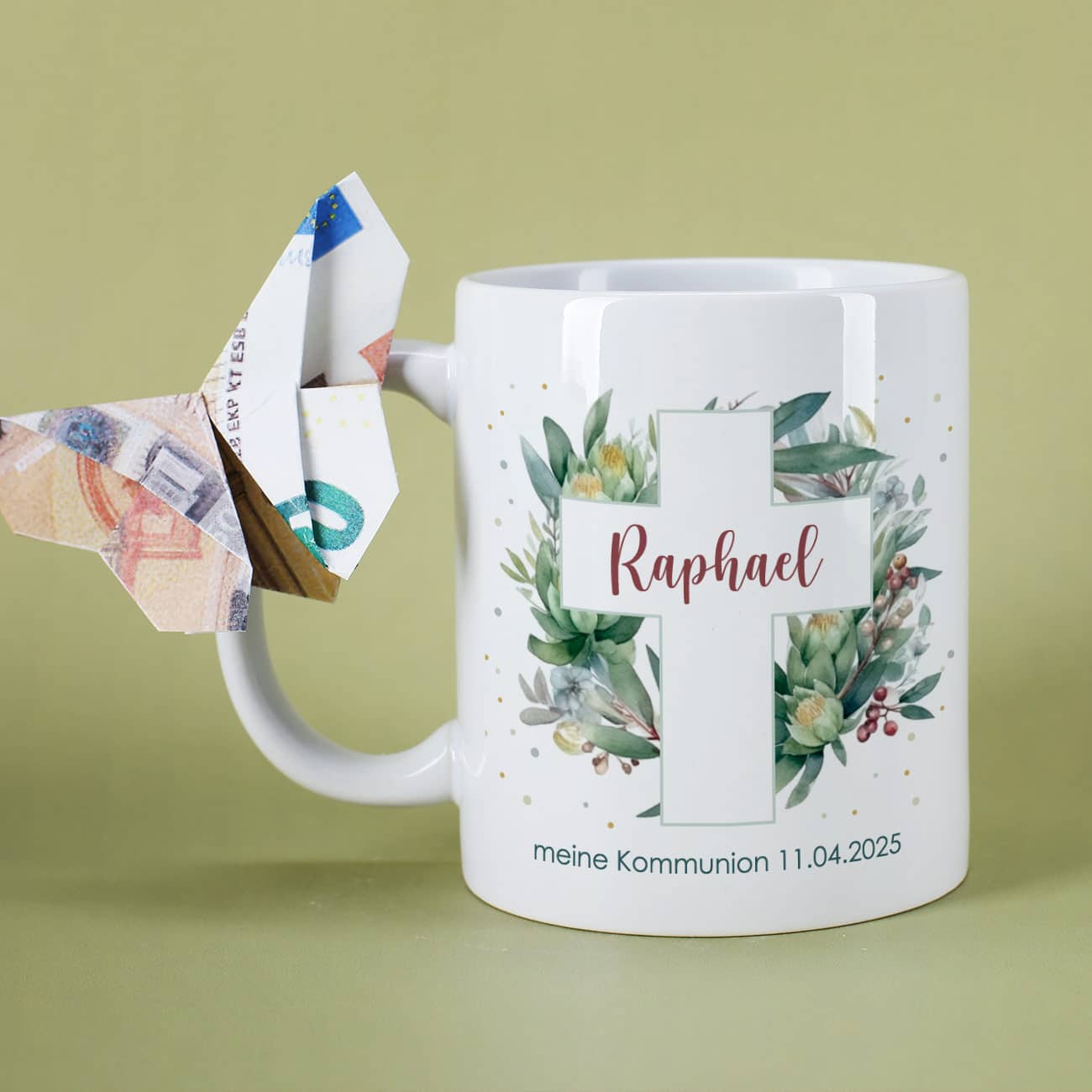 Tasse zur Kommunion oder Konfirmation mit Blätterkreuz-Motiv, Name Wunschtext