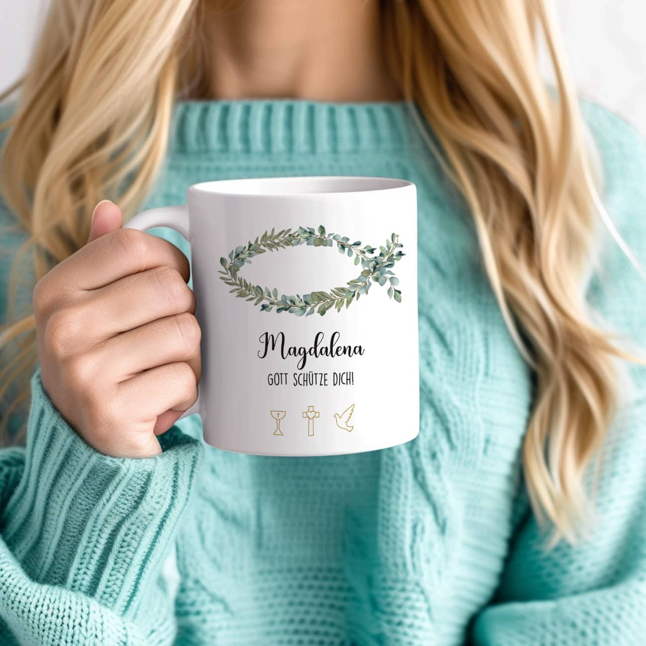 weiße Tasse - Eukalyptus Fisch - zur Kommunion, Konfirmation oder Taufe