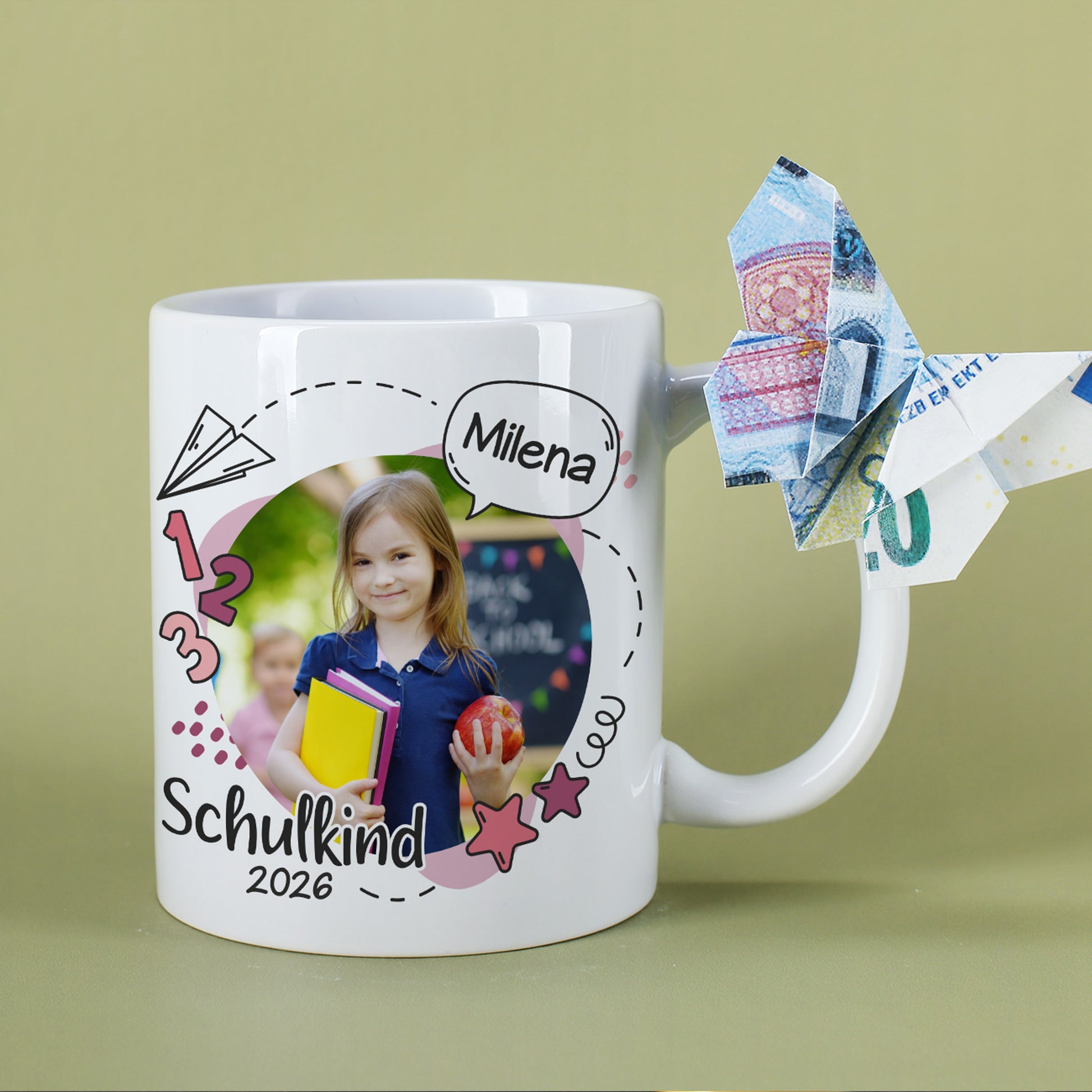 Fototasse zur Einschulung mit Foto und Name in Farbvariante Rosa