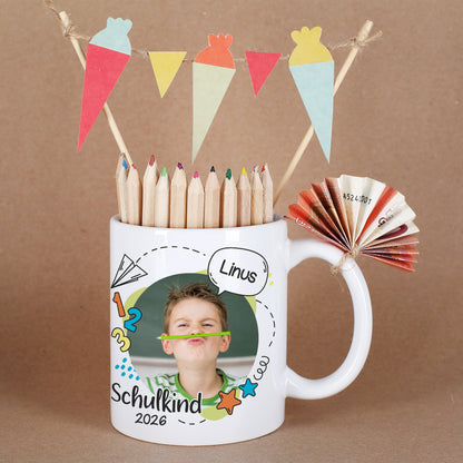 Tasse zur Einschulung mit Foto und Name in 3 Farbvarianten
