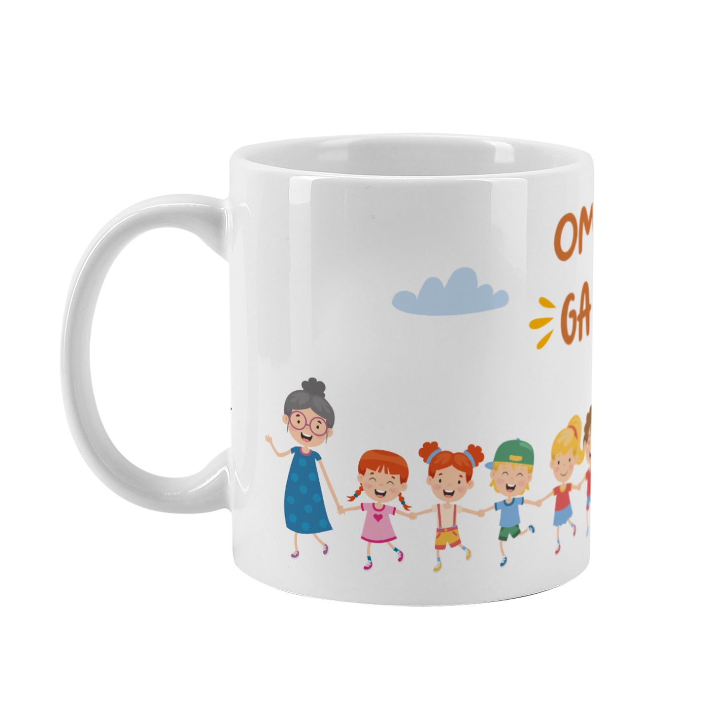 Freigestelltes Produktbild der Tasse mit Oma und mehreren Kindern, Aufdruck „Omas Gang“
