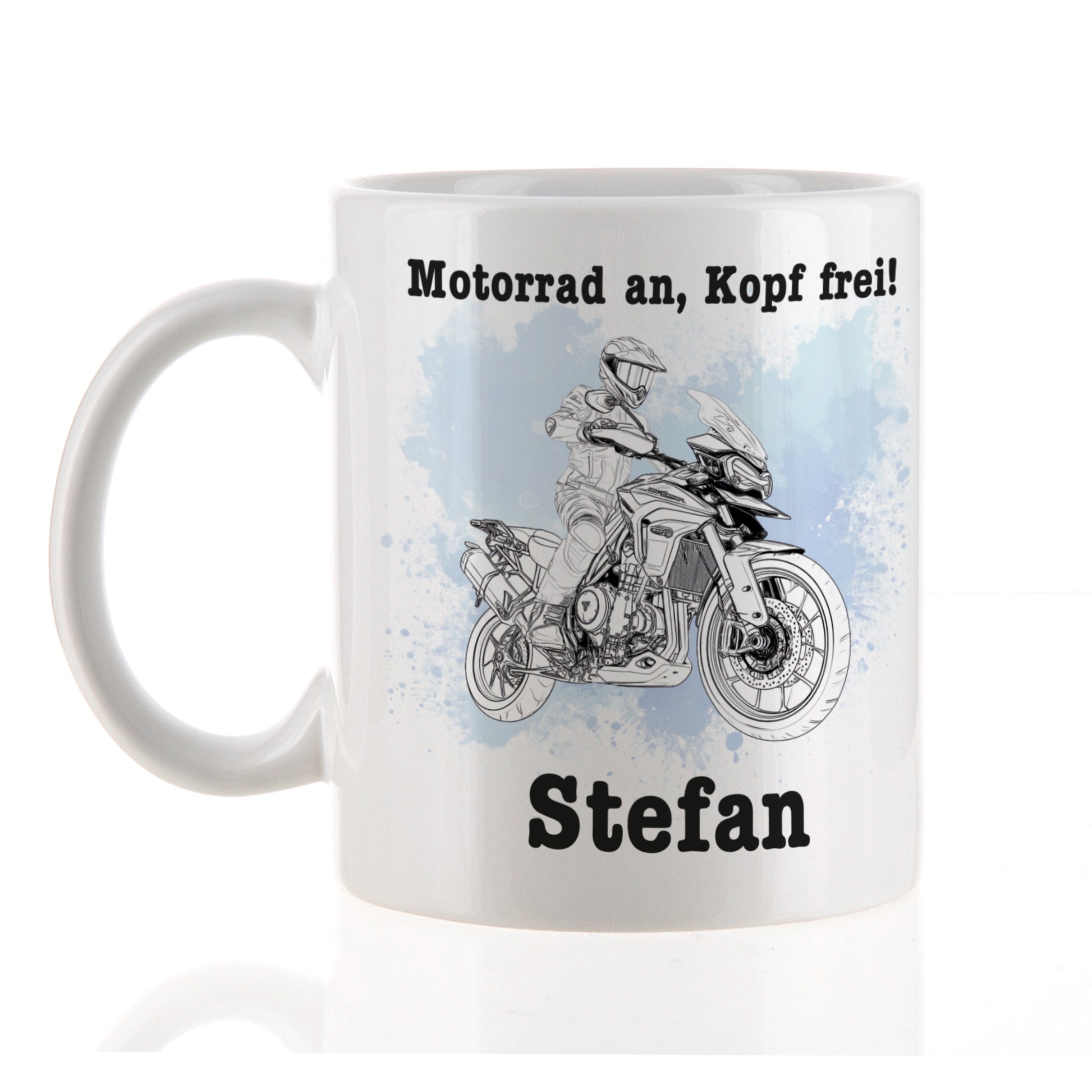 Personalisierte Adventure Motorrad-Tasse mit Enduro Fahrer, Text "Motorrad an, Kopf frei!" und Name Stefan, beidseitig bedruckt