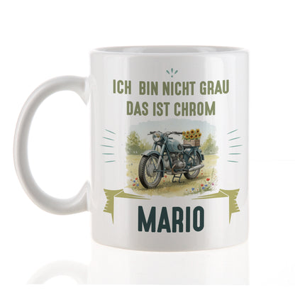 Retro-Oldtimer-Motorrad-Tasse mit Name Mario und Spruch "Ich bin nicht grau, das ist Chrom"