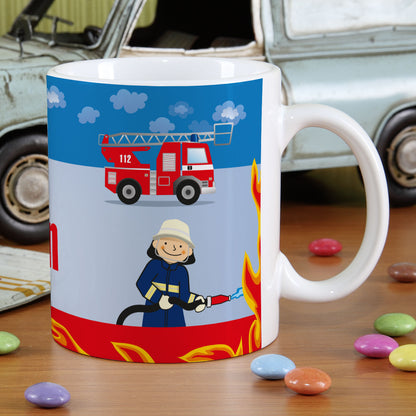 Umlaufend bedruckte Keramiktasse mit Feuerwehr, Feuerwehrmann und Flammen