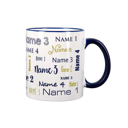 Vier Namen - Familientasse mit dunkelblauem Rand und Henkel
