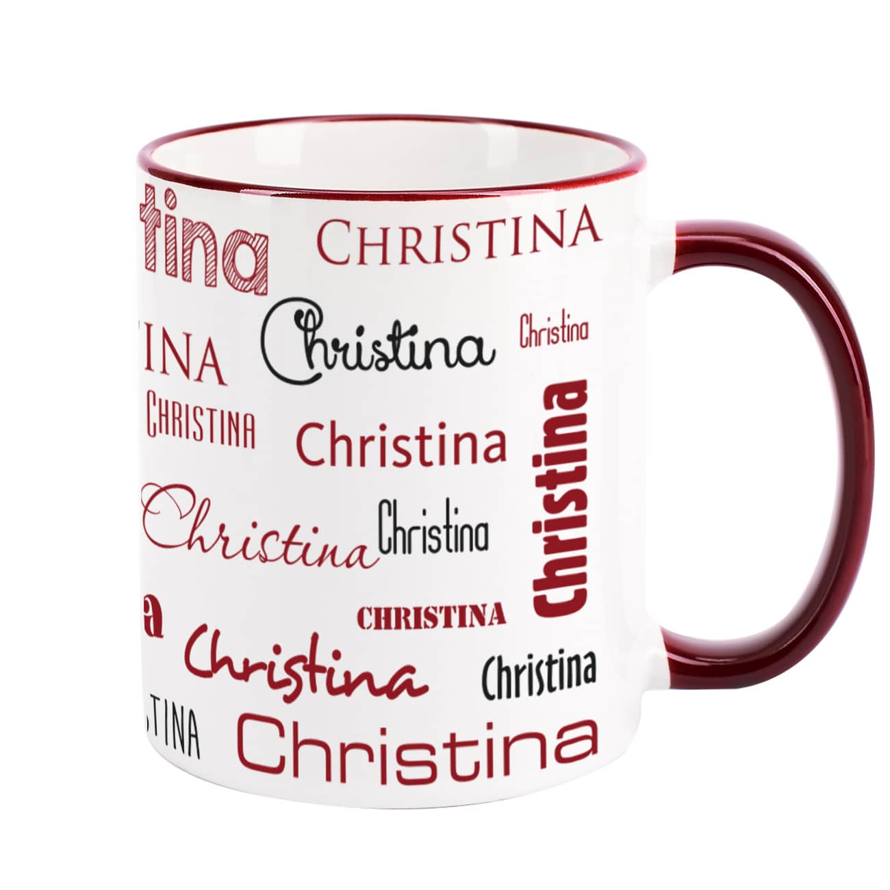 Tasse mit weinrotem Rand und Henkel bedruckt Namen hrer Wahl