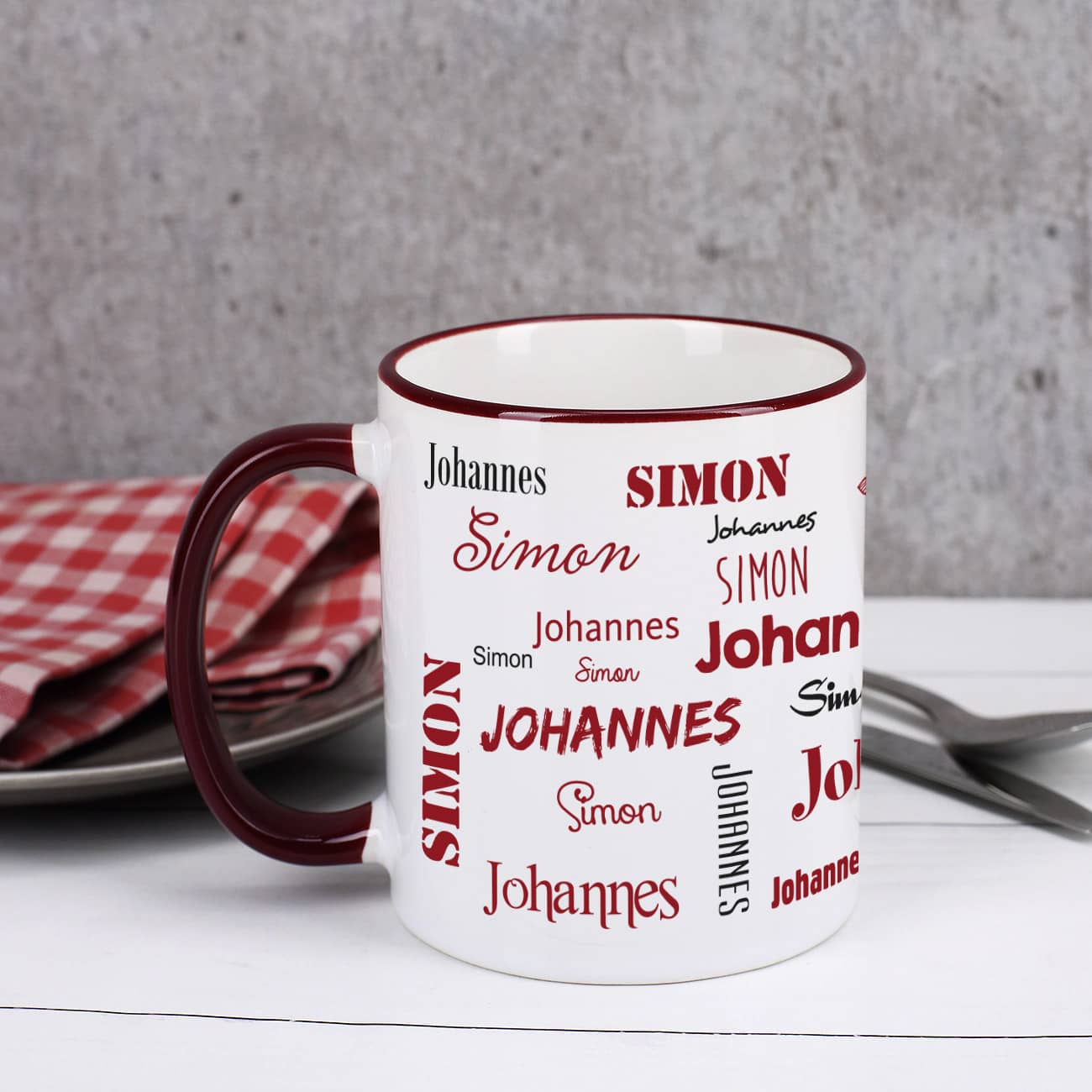Tasse mit zwei Namen - Weinrot