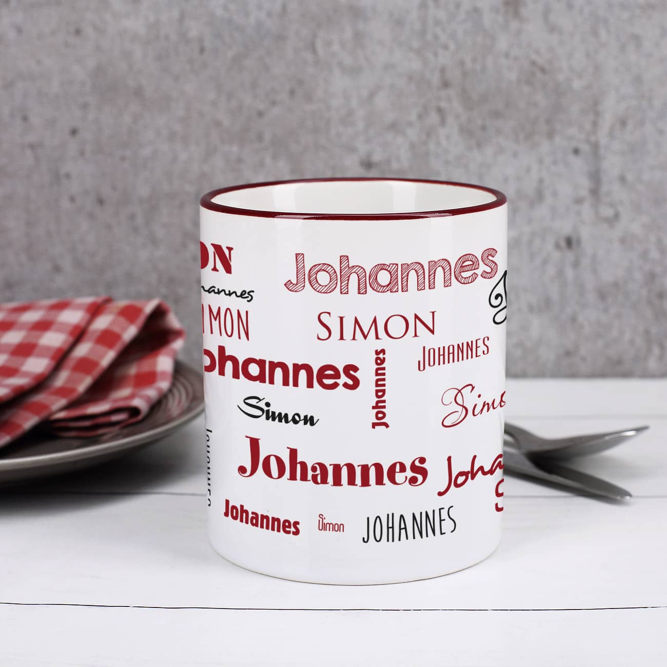 Tasse mit zwei Namen - Weinrot