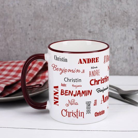 Vier Namen - Familientasse mit dunkelrotem Rand und Henkel