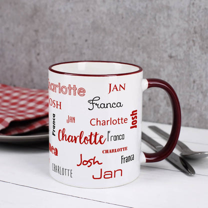 Familientasse mit dunkelrotem Rand und Henkel