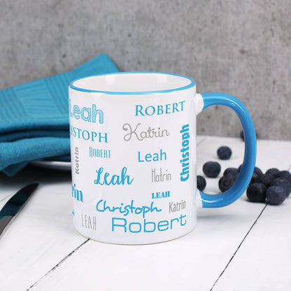 Familientasse mit hellblauem Rand und Henkel
