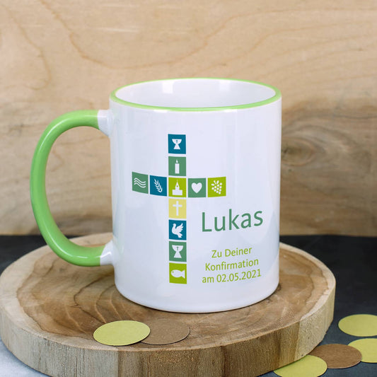 Persönliche Tasse zur Konfirmation mit Kreuz und Name bedruckt