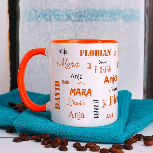 Namen - Familientasse mit orangefarbenem Rand und Henkel