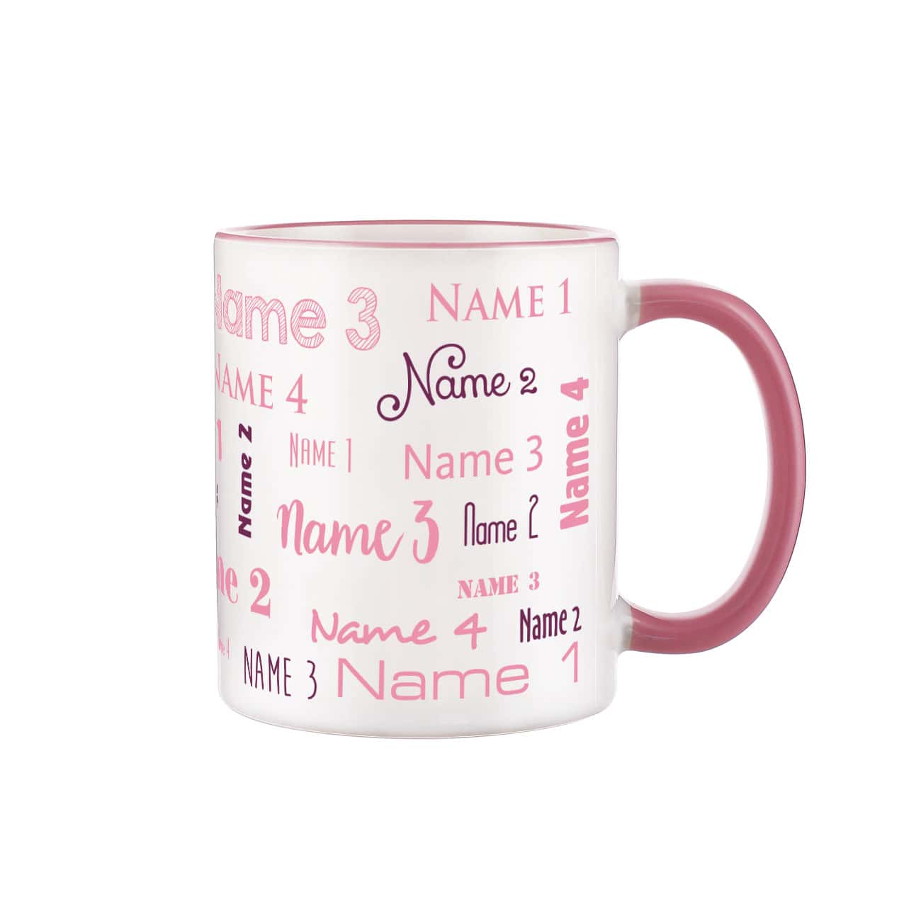 Vier Namen - Familien-Tasse mit rosafarbenem Rand und Henkel