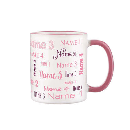 Vier Namen - Familien-Tasse mit rosafarbenem Rand und Henkel