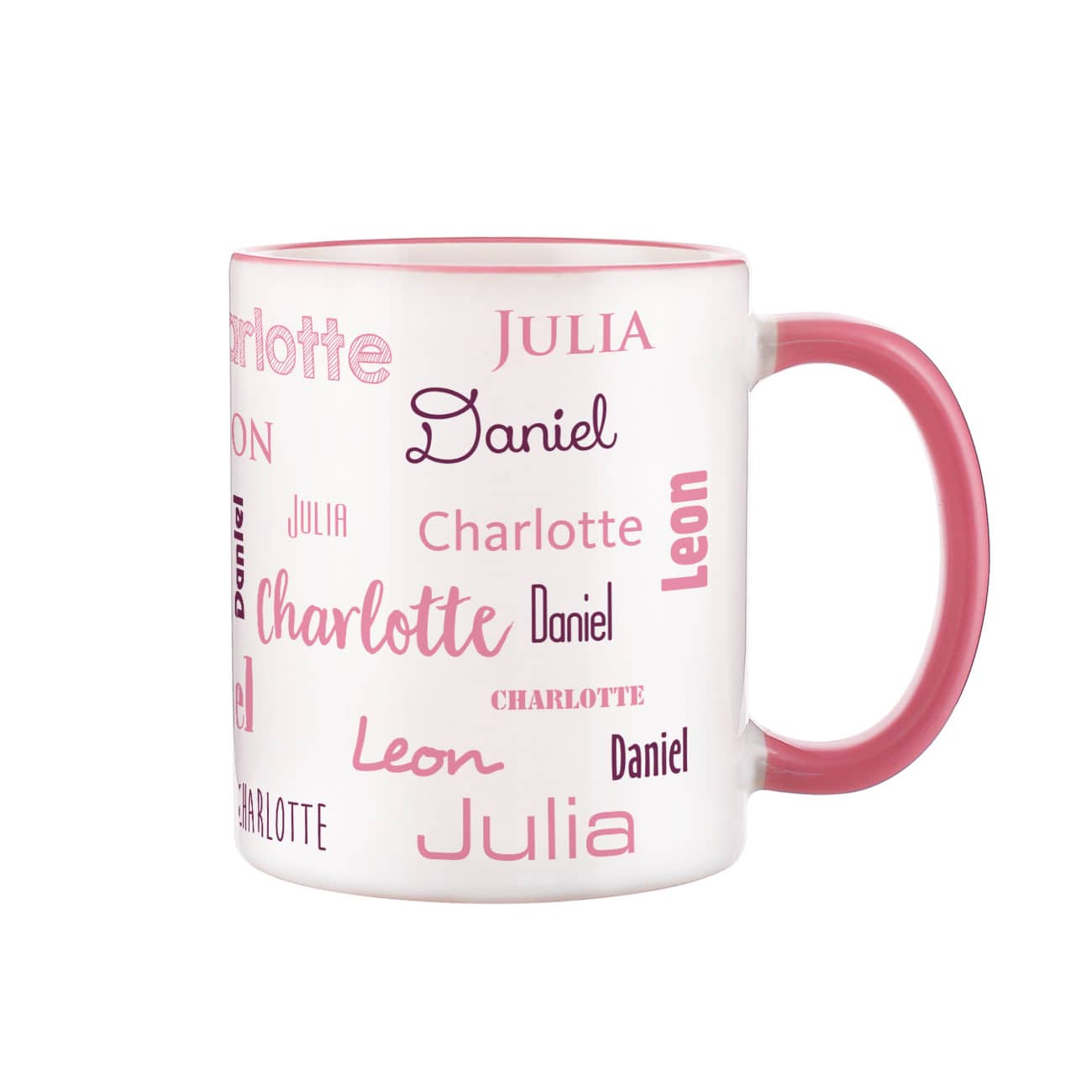 Vier Namen - Familien-Tasse mit rosafarbenem Rand und Henkel