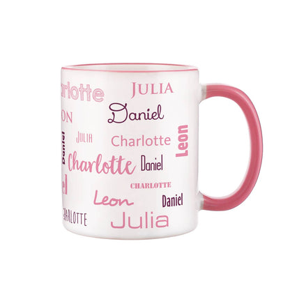 Vier Namen - Familien-Tasse mit rosafarbenem Rand und Henkel