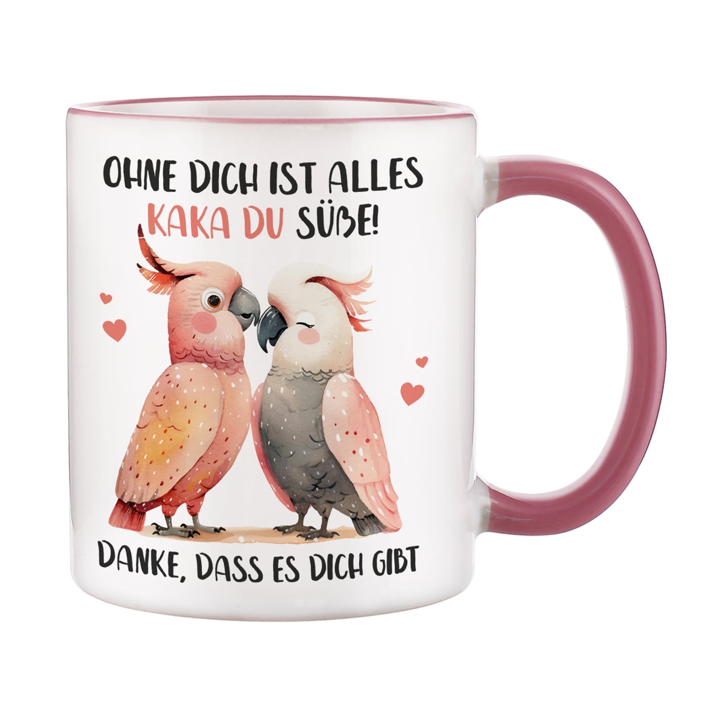 Personalisierte Kakadu-Tasse freigestellt auf weißem Hintergrund mit rosa Henkel und Spruch „Ohne dich ist alles Kaka du Süße!“