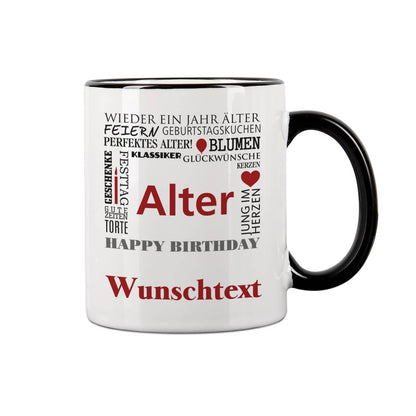 Geburtstagstasse mit guten Wünschen, Name, Alter und Glückwunschtext