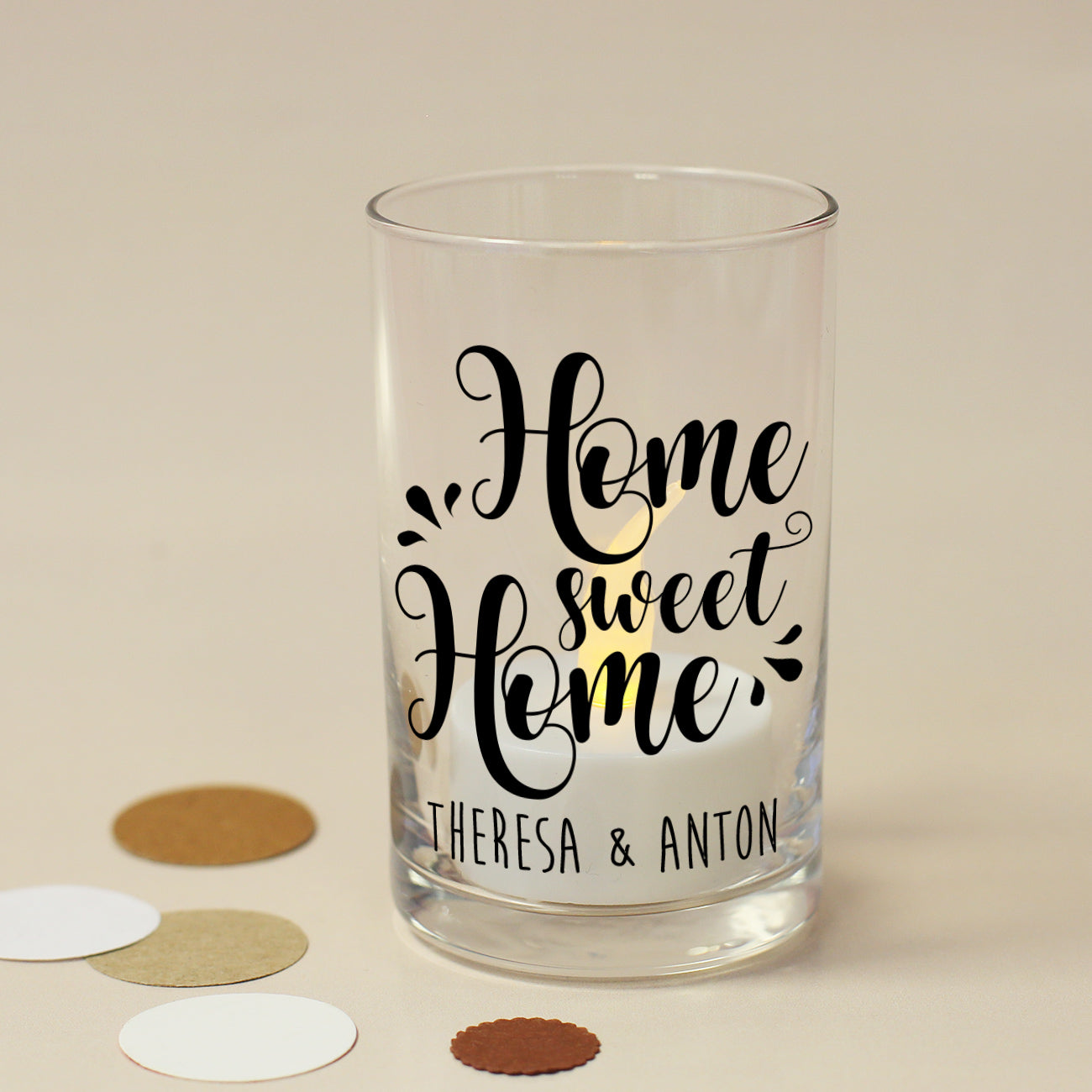 Windlicht aus Glas für Teelichter als Geschenk zum Einzug