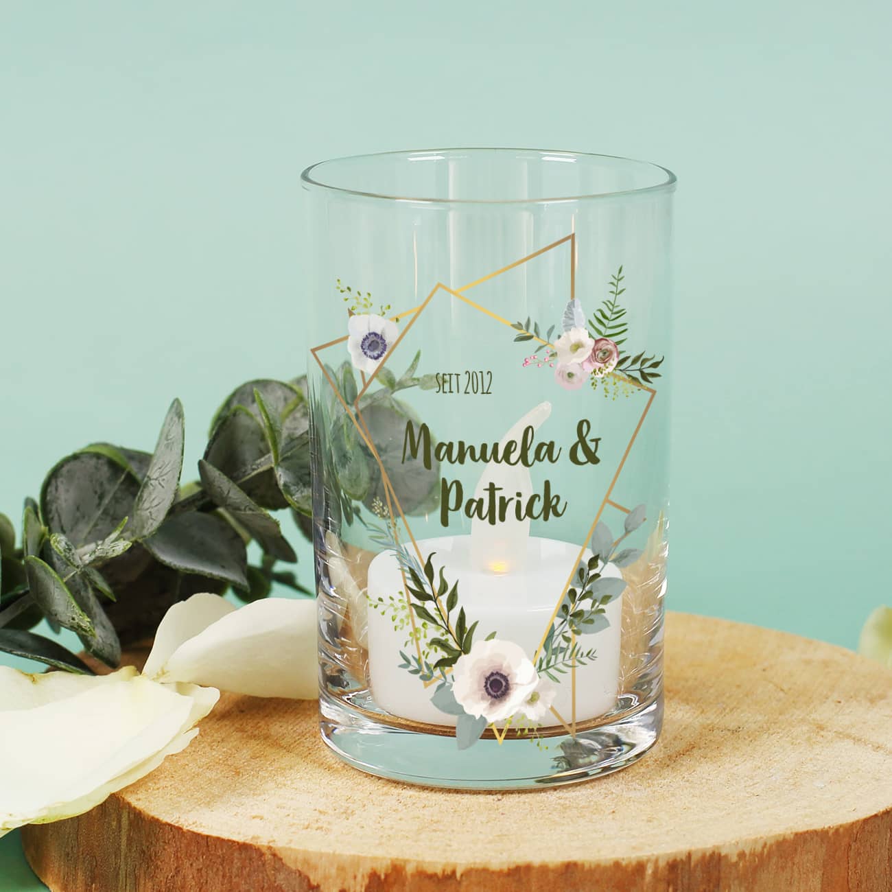 Windlicht aus Glas für Teelichter als Geschenk zur Hochzeit