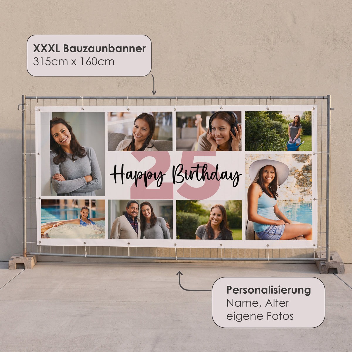 XXXL Bauzaunbanner zum Geburtstag mit Foto Collage, Alter 25 und Personalisierung mit Name, Alter und eigenen Fotos
