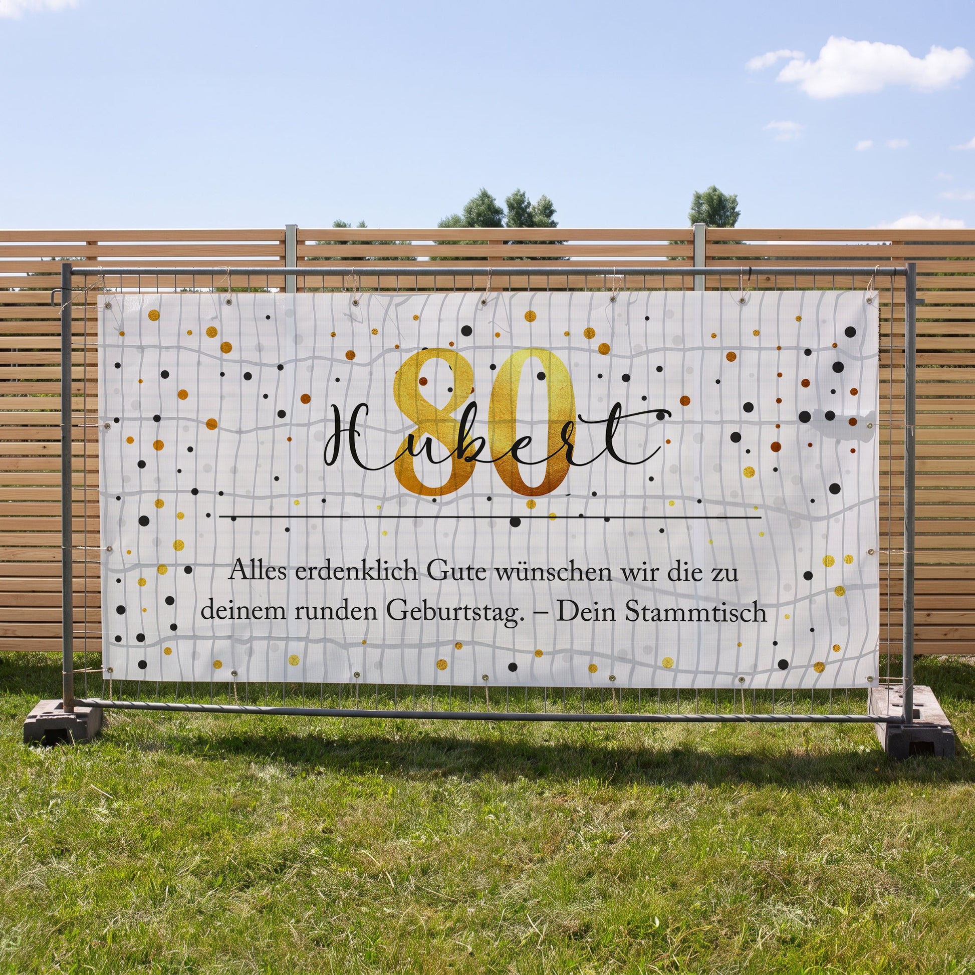 XXXL Bauzaun Banner zum Geburtstag mit Name Hubert, Alter 80 und Wunschtext im Konfetti Design