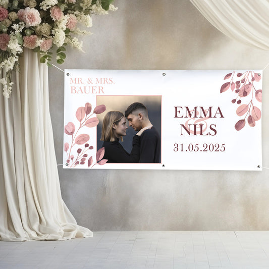Foto-Banner zur Hochzeit mit Namen, Datum und Blatt-Motiv 160x80cm