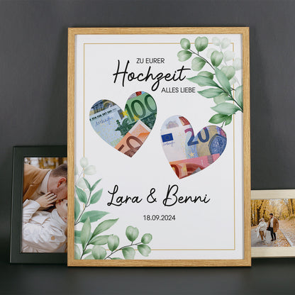 Originelles Geldgeschenk zur Hochzeit mit Namen und Datum personalisiert