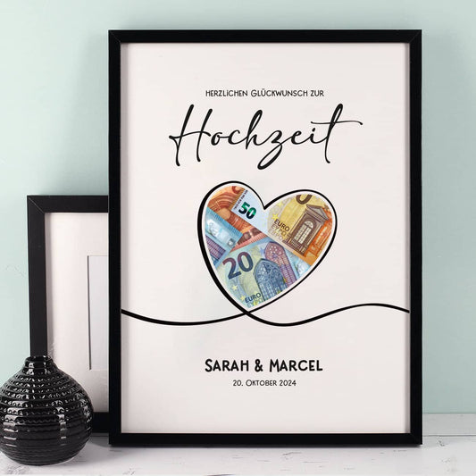 Geldgeschenk zur Hochzeit - Bilderrahmen mit 4 Zeilen Wunschtext