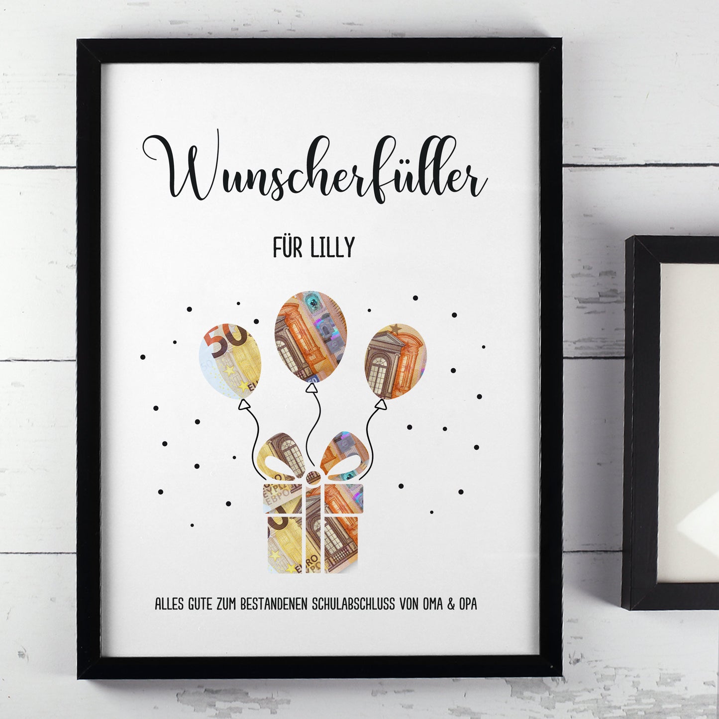 Schwarzer Bilderrahmen mit Ballon-Geldscheinen für Lilly, personalisiert mit Widmung zum Schulabschluss